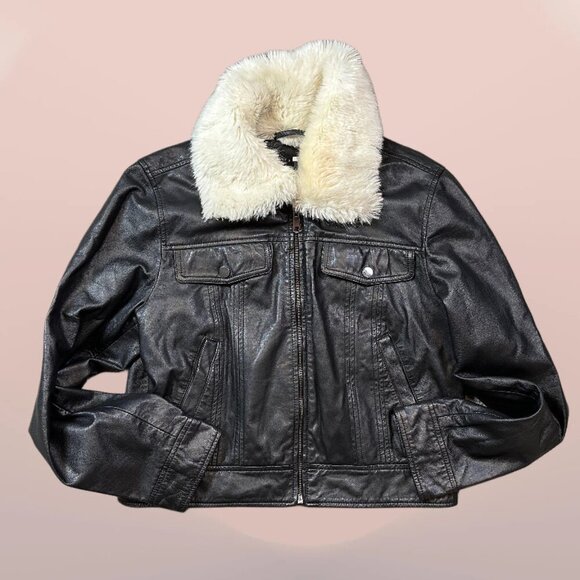 Slate & Willow Black Genuine Leather Trucker Jacket Faux Collar Size Large